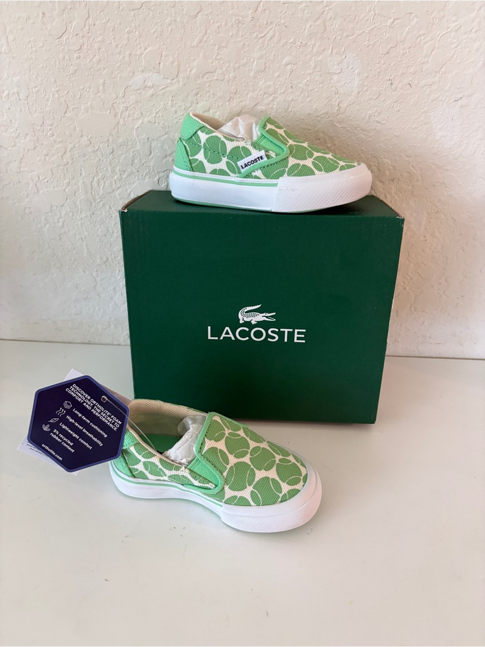 NIB Lacoste  Jump Serve Slip On SZ 4C Green White Canvas Sneakers